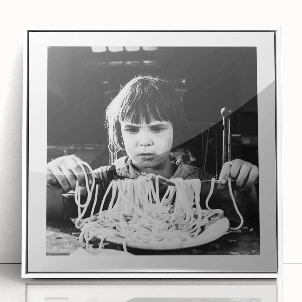 Acrylic framed poster of a stylized food and people scene in art deco style, with pastel colors, ideal for nursery wall art.