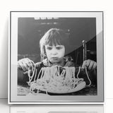 Acrylic framed poster of a stylized food and people scene in art deco style, with pastel colors, ideal for nursery wall art.