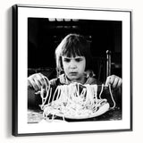 Black and white framed canvas featuring a vintage poster-style landscape with silhouetted figures, ideal for bedroom decor.