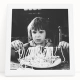 Black and white stretched canvas featuring a bustling market scene, ideal for kitchen wall art.