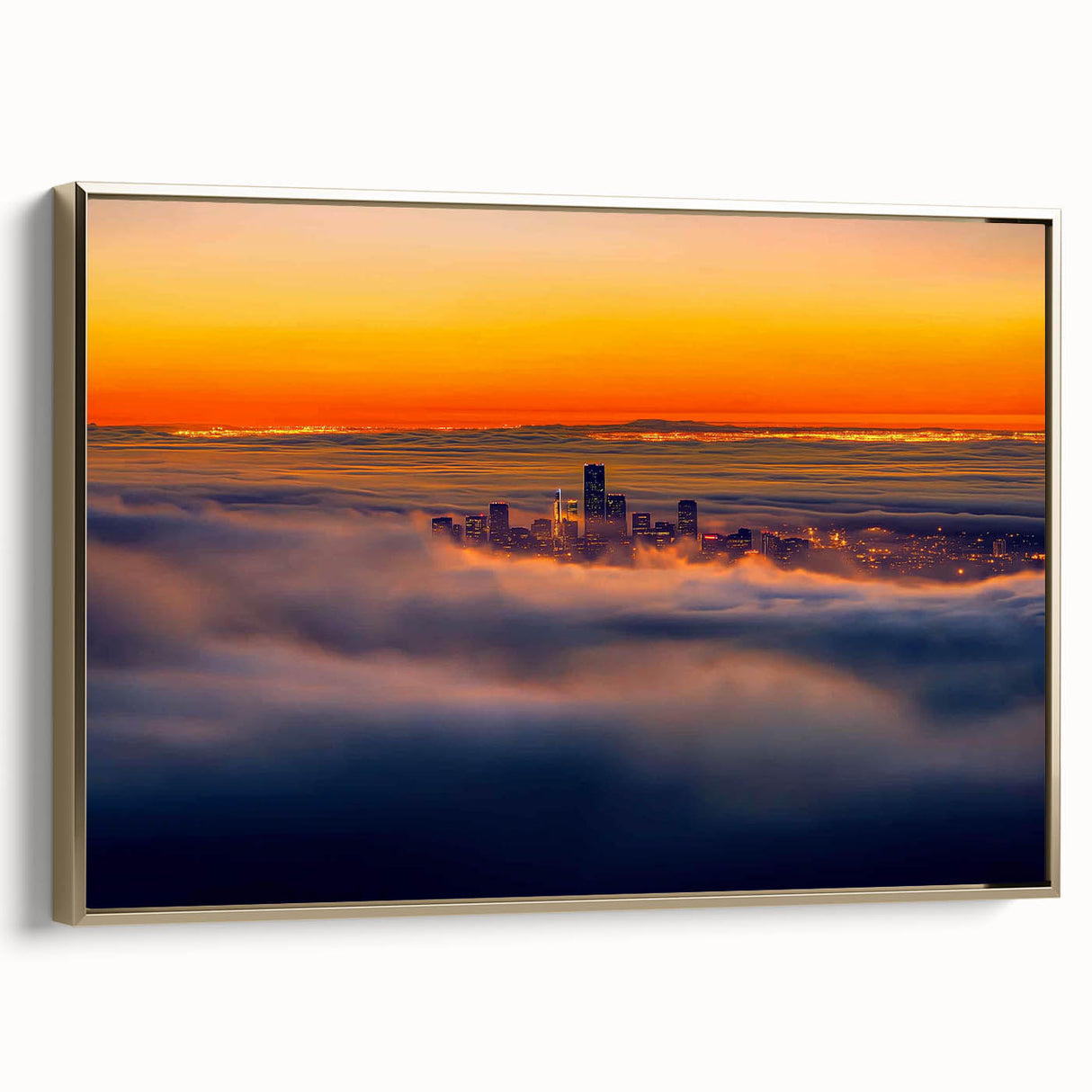 Framed landscape canvas featuring a vibrant gold border showcasing an abstract nature-inspired design, perfect for modern home decor. Ideal for enhancing living spaces with artistic flair.