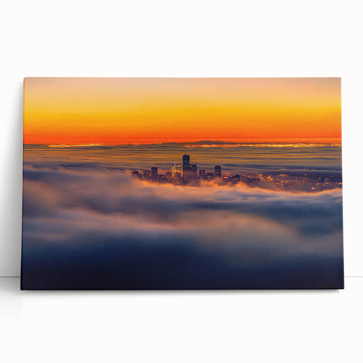 Stretched landscape canvas print showcasing a vibrant abstract design with bold colors, leaning against a neutral wall, perfect for modern home decor.