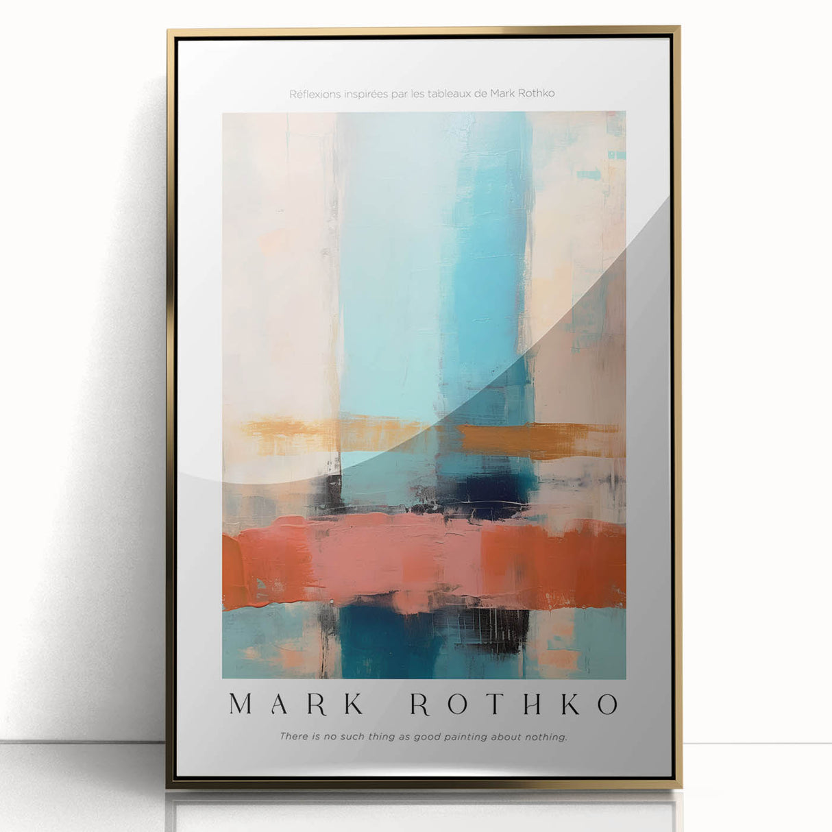 Large art print of a Mark Rothko-inspired abstract in gold and red tones on a framed acrylic.