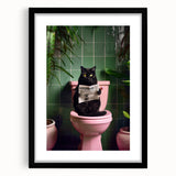 Bathroom Framed Art - Black Cat Reading Newspaper