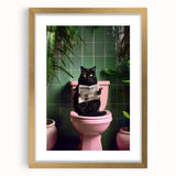 Bathroom Framed Art - Black Cat Reading Newspaper