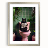 Bathroom Framed Art - Black Cat Reading Newspaper
