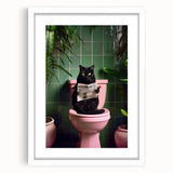 Bathroom Framed Art - Black Cat Reading Newspaper
