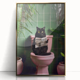 Bathroom Framed Art - Black Cat Reading Newspaper