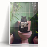 Bathroom Framed Art - Black Cat Reading Newspaper