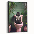 Bathroom Framed Art - Black Cat Reading Newspaper