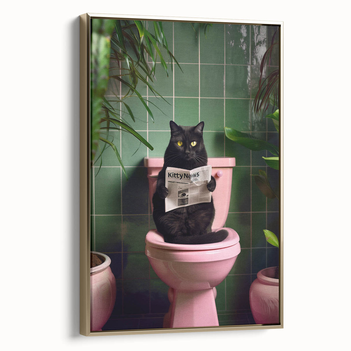 Bathroom Framed Art - Black Cat Reading Newspaper