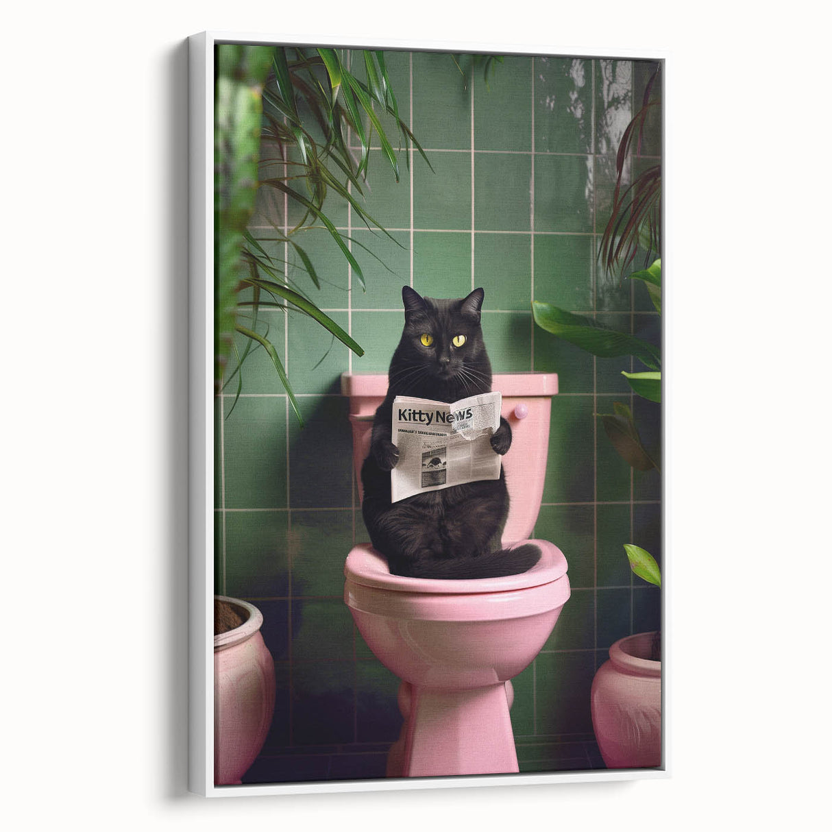 Bathroom Framed Art - Black Cat Reading Newspaper