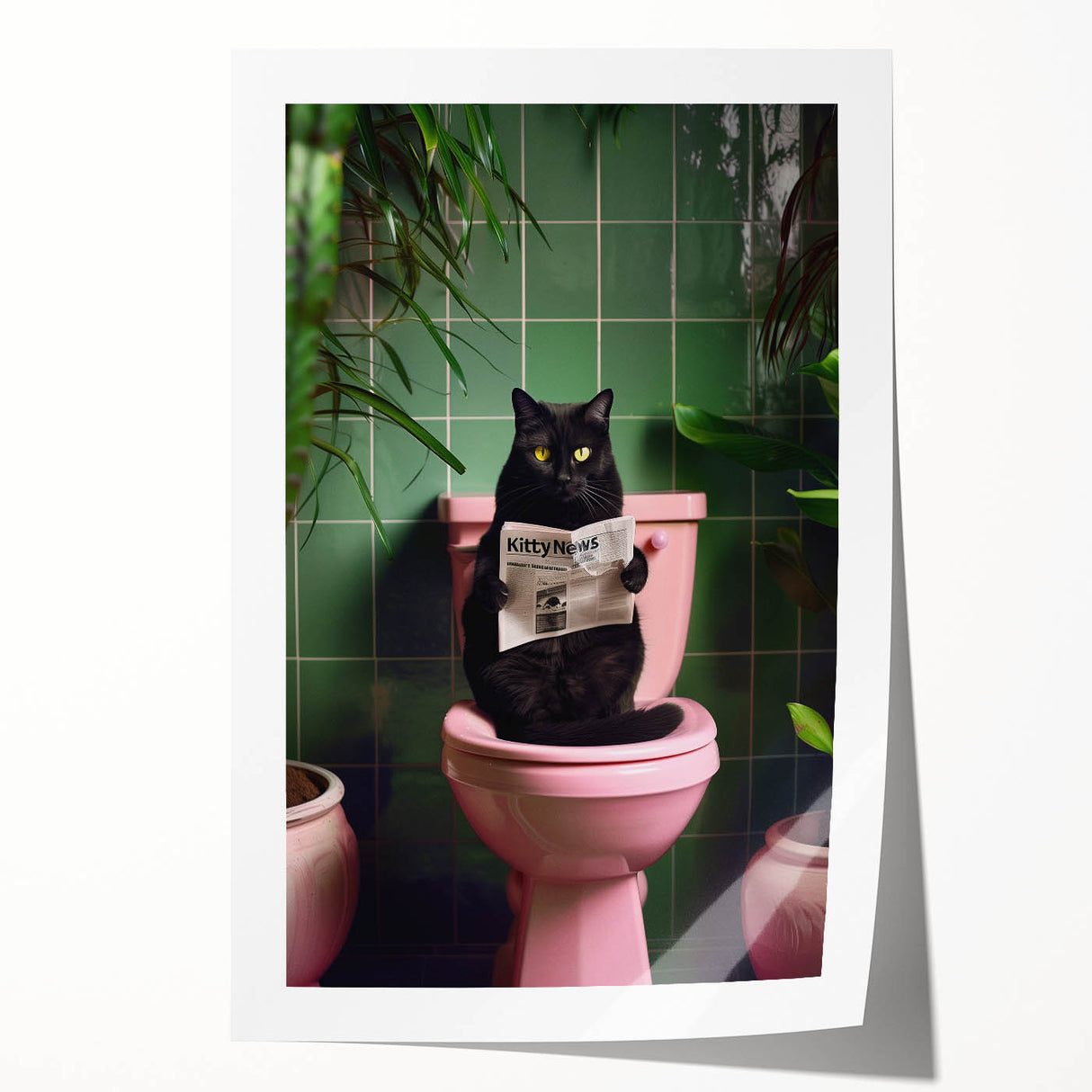 Bathroom Framed Art - Black Cat Reading Newspaper