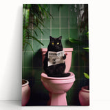 Bathroom Framed Art - Black Cat Reading Newspaper