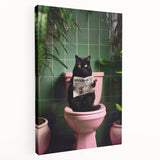 Bathroom Framed Art - Black Cat Reading Newspaper