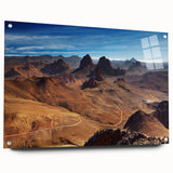 Large abstract wall art depicting Algerian scenery in warm tones on acrylic glass, suitable for bedroom or dining room decor.