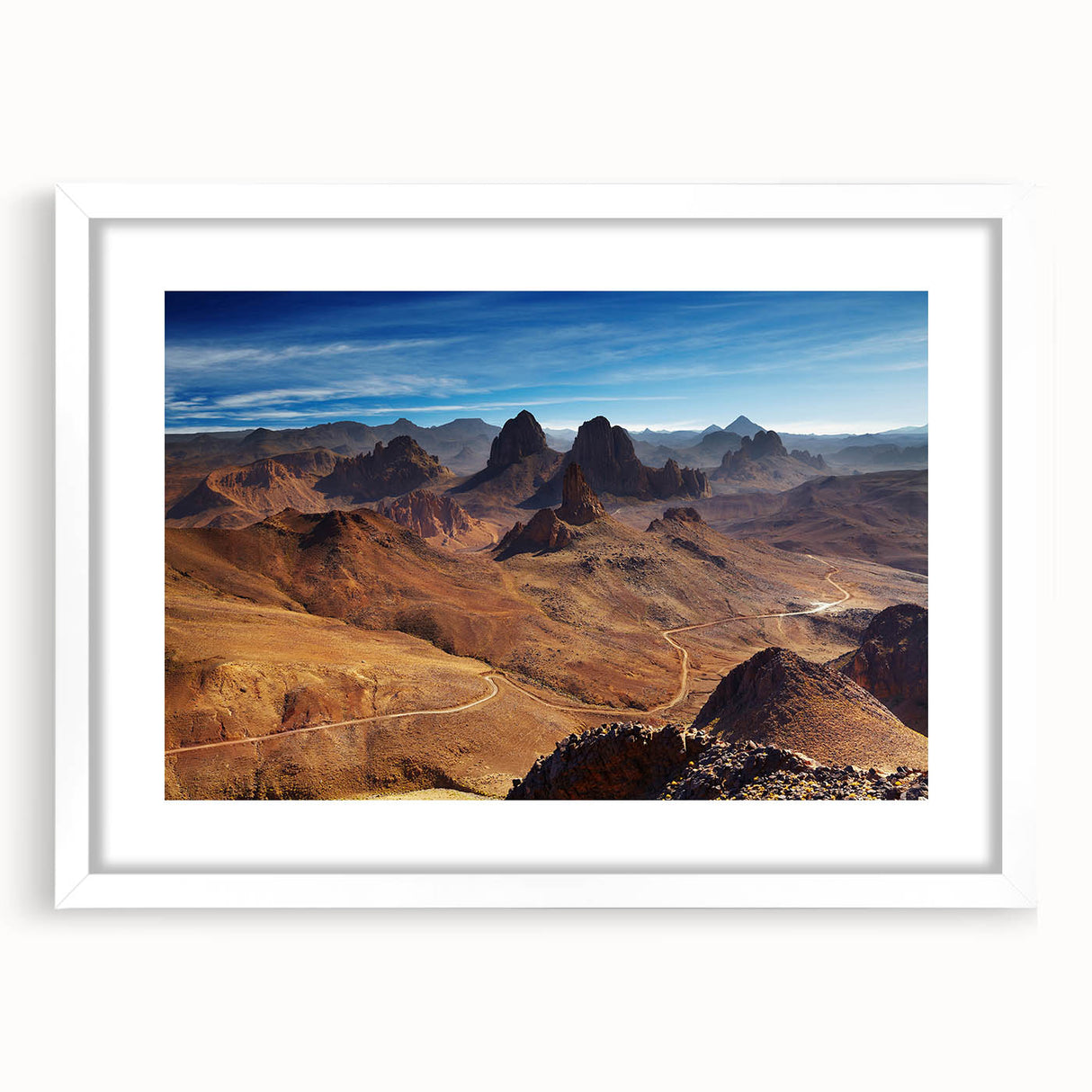 Extra large abstract art print of Algerian scenery in textured white frame, ideal for living room decor.