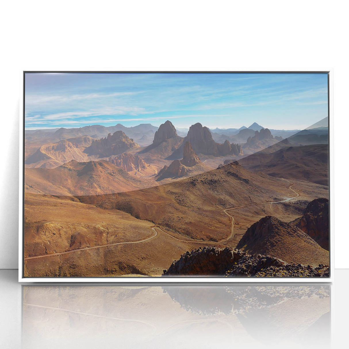 Large art print of an Algerian landscape, featuring muted earth tones on framed acrylic, suitable for modern art wall decor.