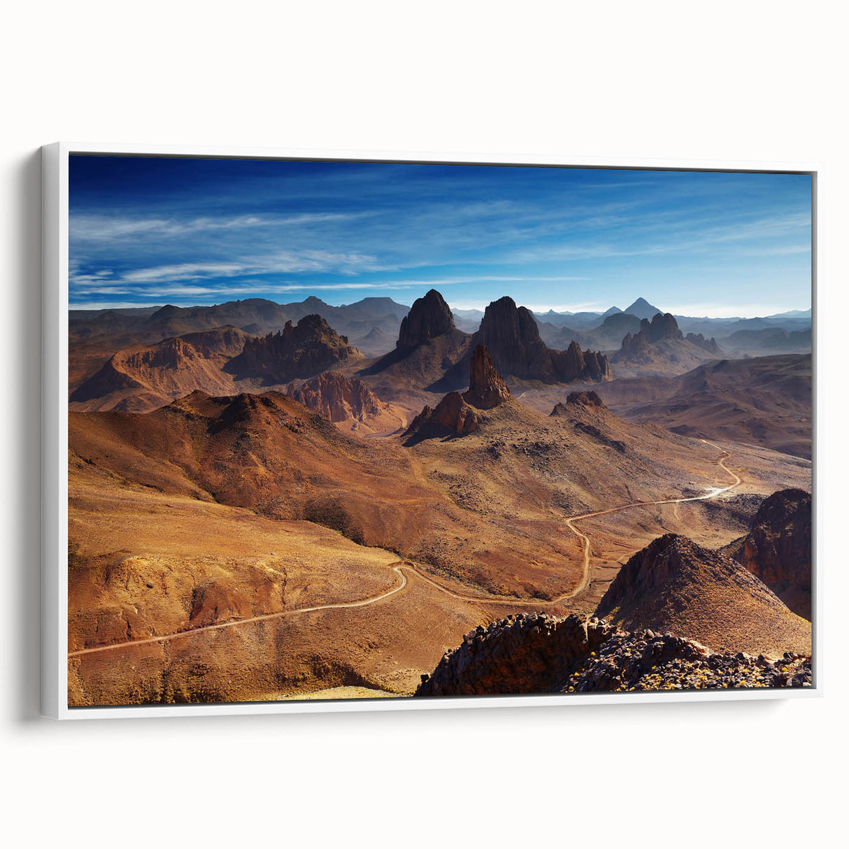 Framed canvas depicting a vintage Algerian landscape in black and white tones, ideal for bedroom wall art.