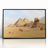 Large abstract wall art depicting a stylized Egyptian landscape in muted earth tones on a framed acrylic.