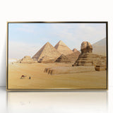 Mid-century modernist art depicting the Egyptian landscape in gold and blue tones on a framed acrylic panel.