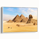 Framed canvas of a vintage-style Egyptian landscape in muted earth tones, suitable for bedroom wall art.