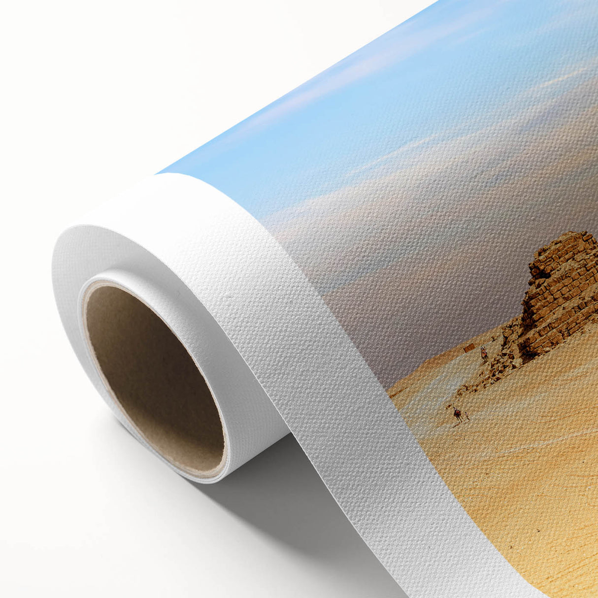 Rolled canvas featuring art deco depiction of Egyptian scenery in muted earth tones, ideal for nursery wall art.