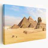 Large canvas print of an Egyptian landscape featuring pyramids under a bright blue sky, suitable for kitchen wall art.