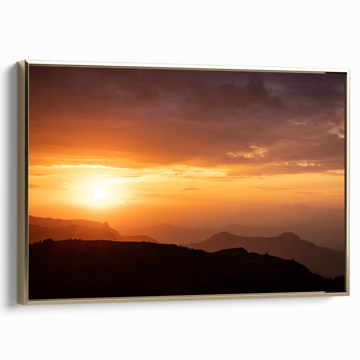 Framed canvas featuring a colorful vintage-style Ethiopian landscape, ideal for enhancing a living room or office decor.