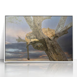 Framed acrylic print of a Kenyan landscape in mid-century modernist style, featuring muted earth tones.