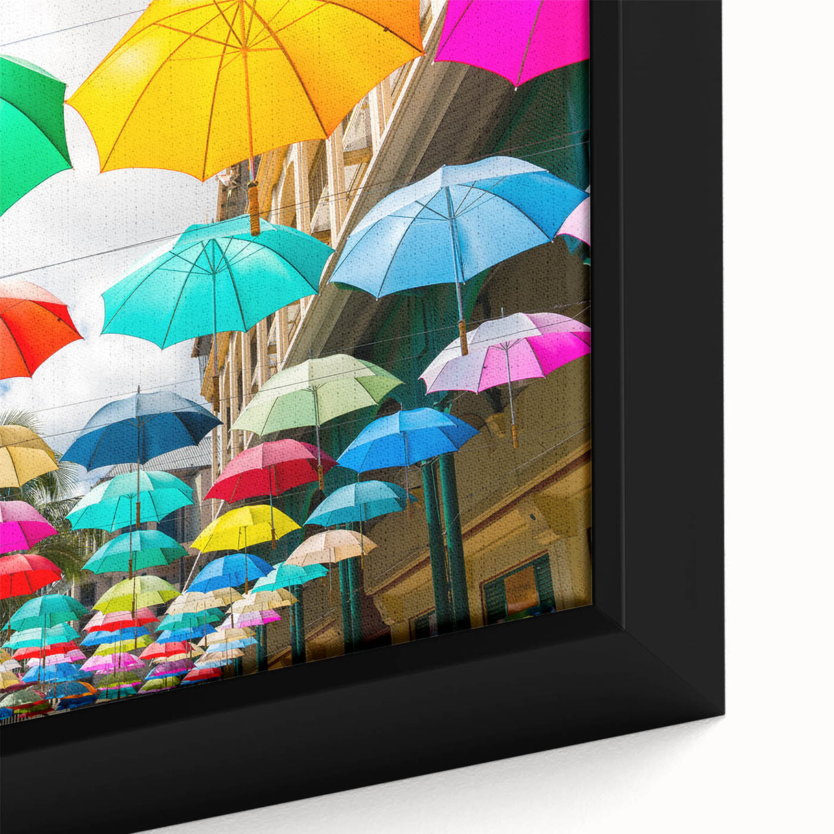 Extra large black wall art featuring a textured, colorful Mauritius landscape on framed canvas, ideal for living room decor.