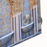 Large abstract wall art featuring Moroccan scenery in earth tones on acrylic glass, ideal for dining room ambiance.