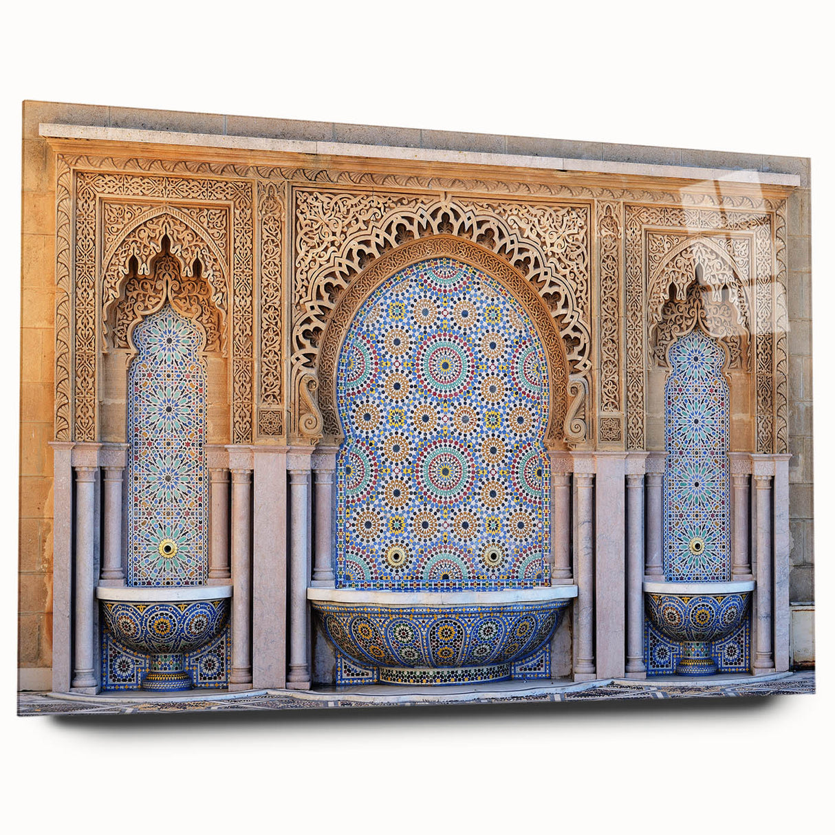 Large abstract wall art depicting a Moroccan landscape in muted earth tones on acrylic glass.