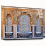 Large abstract wall art depicting a Moroccan landscape in muted earth tones on acrylic glass.