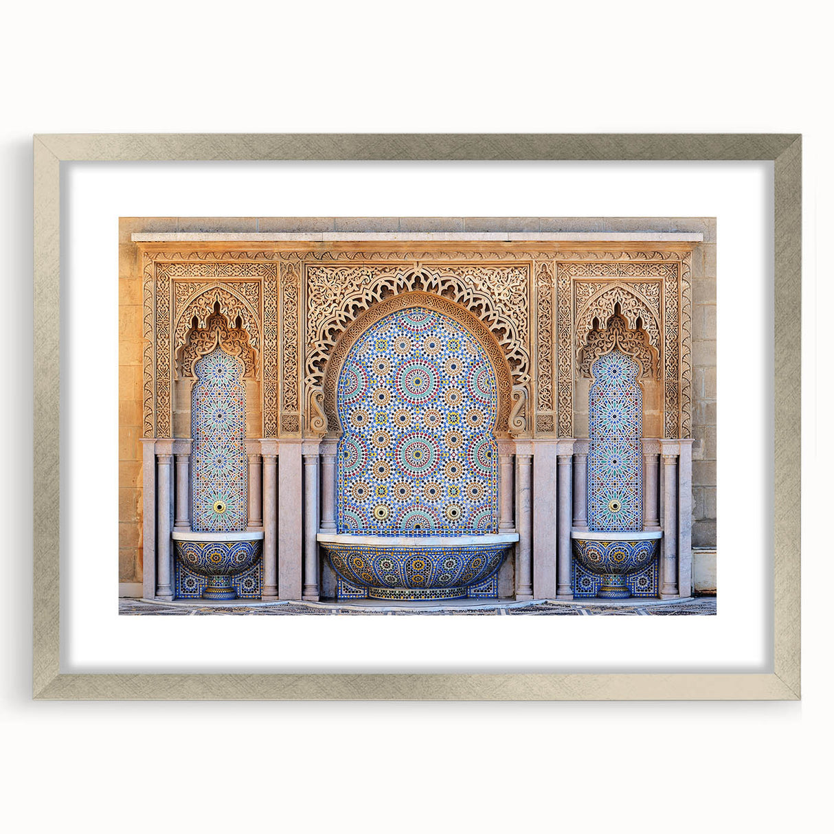 Abstract art print of a Moroccan landscape in muted earth tones on a framed silver mat, suitable for dining room decor.