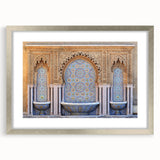 Abstract art print of a Moroccan landscape in muted earth tones on a framed silver mat, suitable for dining room decor.
