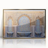 Mid-century modernist style Moroccan landscape on gold-toned framed acrylic, suited for nursery wall art.