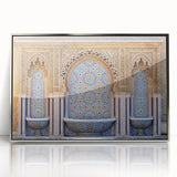 Art deco poster of a Moroccan scenery in muted earth tones, framed acrylic, suitable for modern art wall decor.