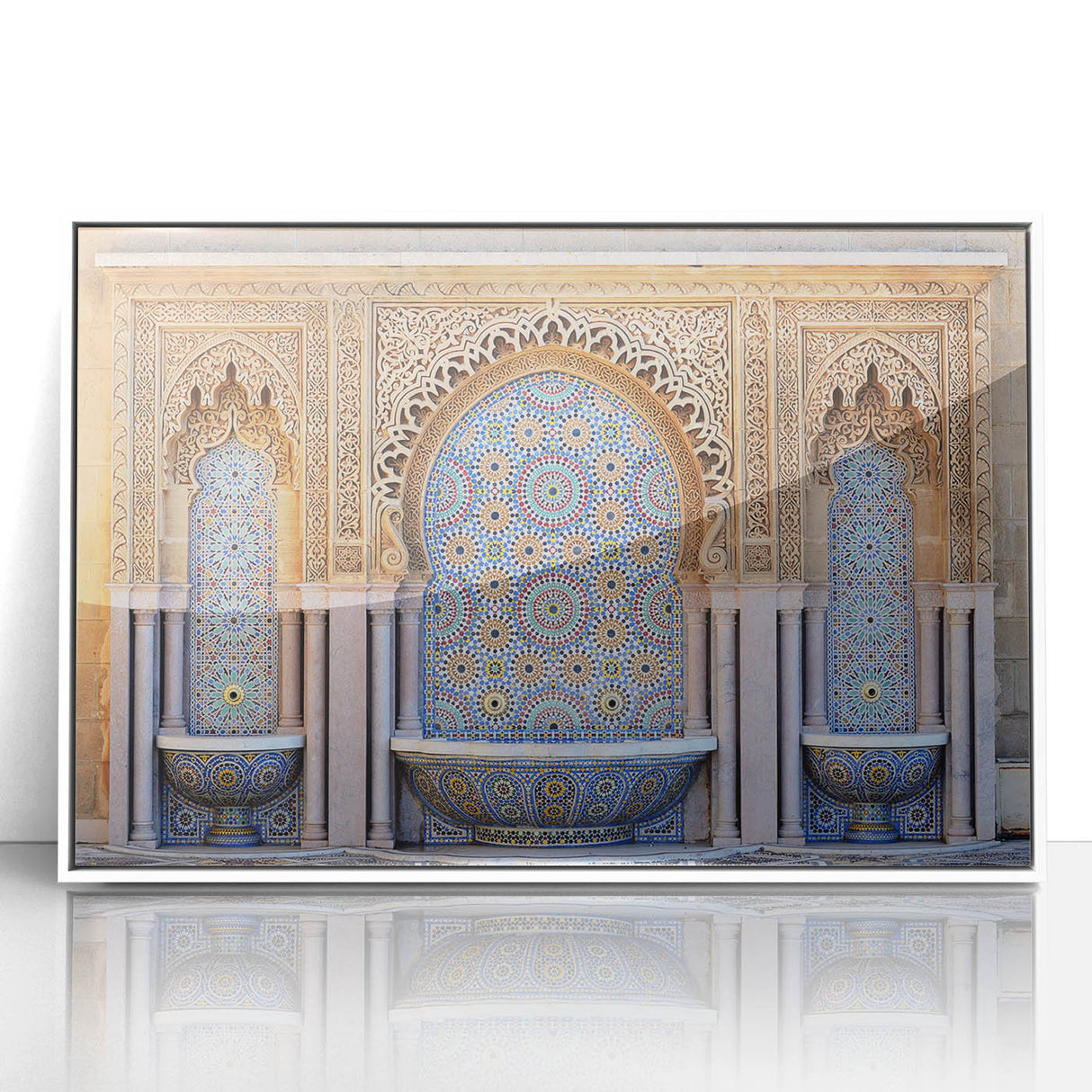 Large art print of a Moroccan landscape in muted earth tones on framed acrylic, suitable for modern art wall decor.