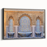 Black and white framed canvas featuring a vintage-style Moroccan landscape, ideal for bedroom wall art.