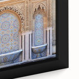Extra large framed canvas featuring a textured, colorful Moroccan scenery in black, ideal for living room decor.