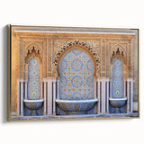 Framed canvas featuring a vintage-style Moroccan landscape with colorful art and black accents, ideal for living room decor.