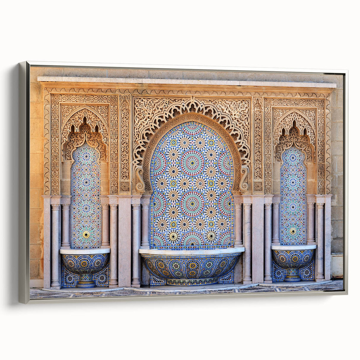Vintage poster art of a Moroccan scenery in vibrant colors on a framed canvas, ideal for living room decor.