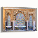 Vintage poster art of a Moroccan scenery in vibrant colors on a framed canvas, ideal for living room decor.