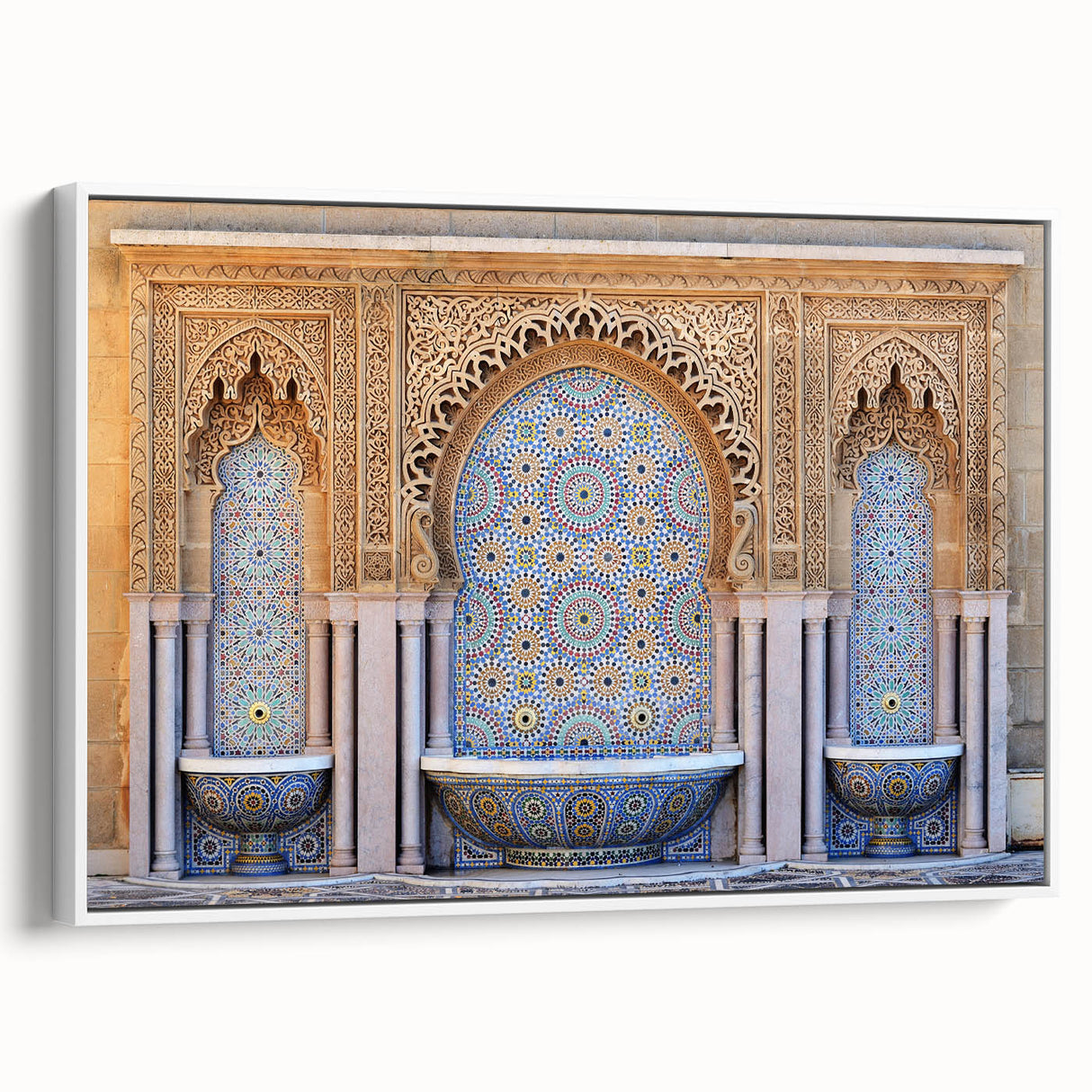 Framed canvas of a Moroccan landscape in muted earth tones, ideal for bedroom wall art.
