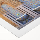 Art deco poster of Moroccan scenery in muted earth tones on rolled canvas, suitable for dining room walls.