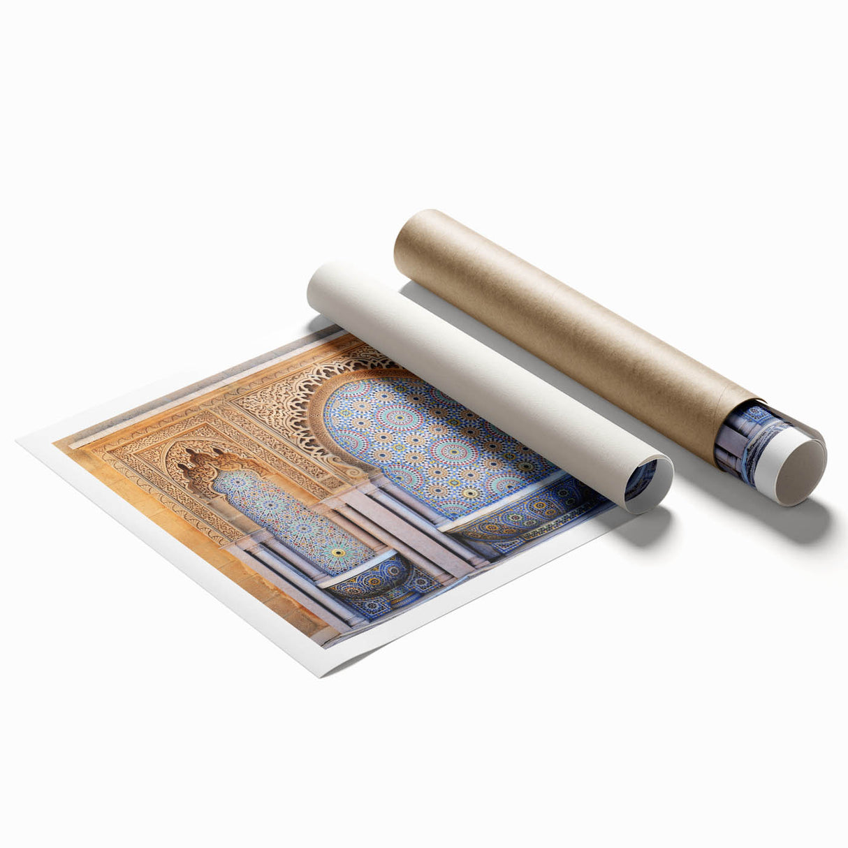 Extra large rolled print of Moroccan scenery with vibrant floral motifs, ideal for classy bathroom wall art.