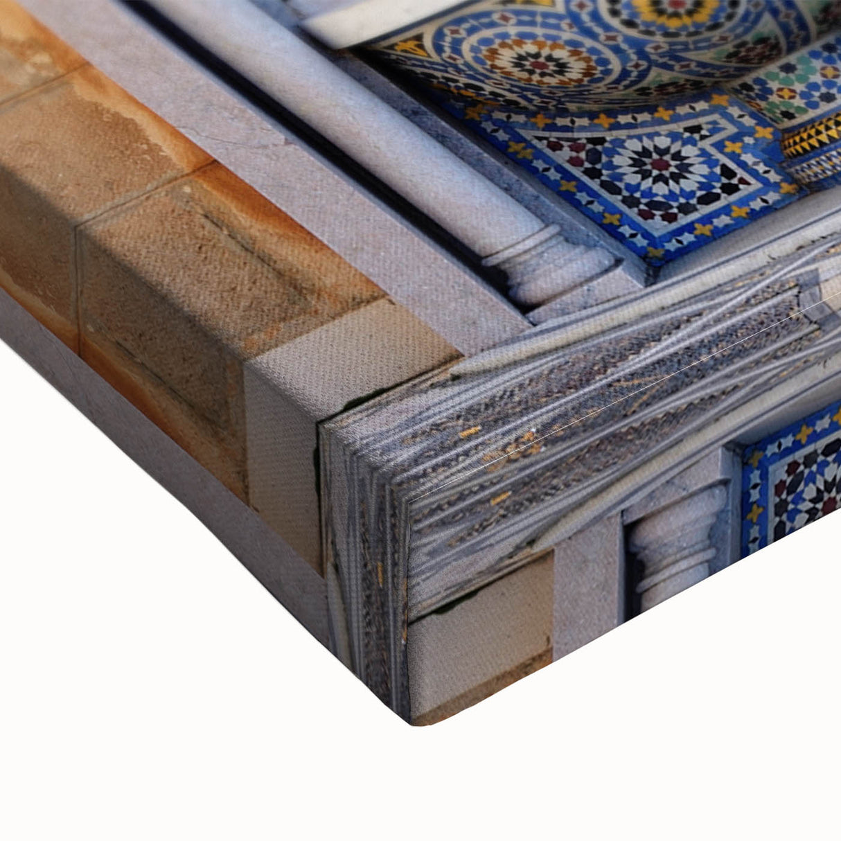 Large art depicting a black and white Moroccan landscape on stretched canvas, suitable for bedroom wall decor.