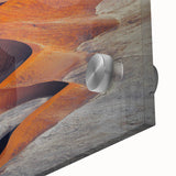 Large abstract depiction of an African landscape in muted earth tones on acrylic glass, suitable for dining room art.