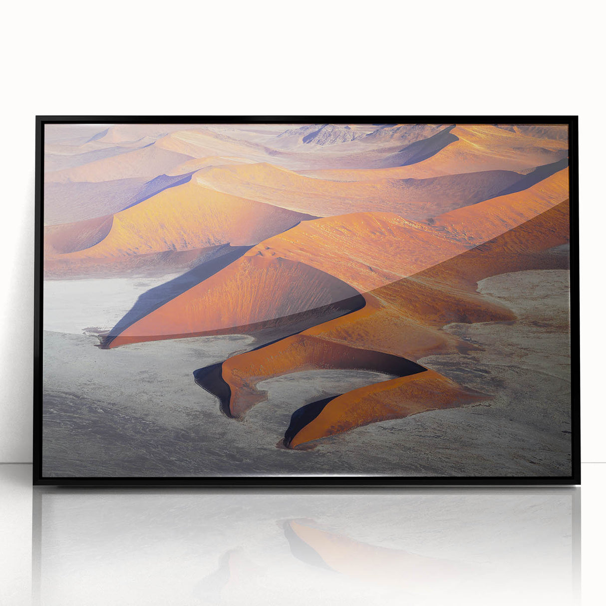 Large abstract wall art depicting a Namibian landscape in muted earth tones on a framed acrylic.